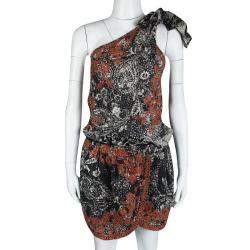 Pre Owned Isabel Marant Black and Red Eyelet Embroidered Knotted One Shoulder Natacha Dress M