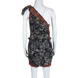 Pre Owned Isabel Marant Black and Red Eyelet Embroidered Knotted One Shoulder Natacha Dress M