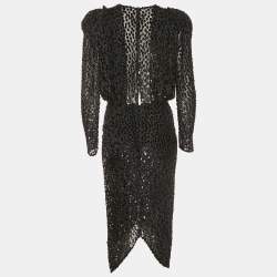 Pre Owned Isabel Marant Black Dot Devore Plunge Neck Ruched Midi Dress M