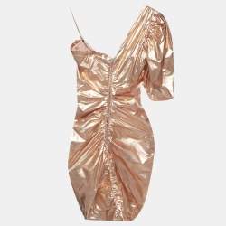 Pre Owned Isabel Marant Rose Gold Metallic Cotton One Shoulder Ruched Mini Dress S