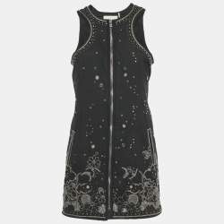 Pre Owned Isabel Marant Black Floral Embellished Cotton Zip Front Mini Dress M