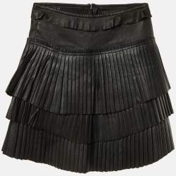 Pre Owned Isabel Marant Black Leather Pleated Tiered Mini Skirt S