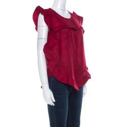 Isabel Marant Burnt Red Slub Silk Ruffled Trim Sidony Curved Hem Top M