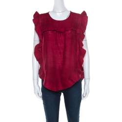 Isabel Marant Burnt Red Slub Silk Ruffled Trim Sidony Curved Hem Top M