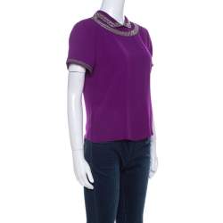 Isabel Marant Purple Silk Embellished Collar Half Sleeve Top L