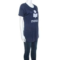 Pre Owned Isabel Marant Navy Blue Moby Logo Printed Linen T-shirt M