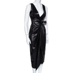Pre Owned Isabel Marant Black Leather Draped D-Ring Wrap Dress S