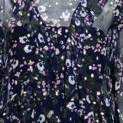 Pre Owned Isabel Marant Navy Blue Floral Printed Silk & Lurex Ruffle Trimmed Blouse S
