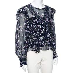 Pre Owned Isabel Marant Navy Blue Floral Printed Silk & Lurex Ruffle Trimmed Blouse S