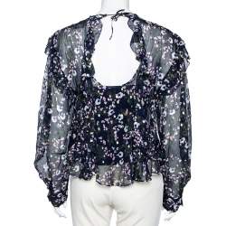 Pre Owned Isabel Marant Navy Blue Floral Printed Silk & Lurex Ruffle Trimmed Blouse S