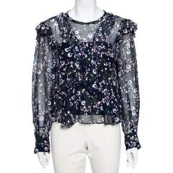 Pre Owned Isabel Marant Navy Blue Floral Printed Silk & Lurex Ruffle Trimmed Blouse S