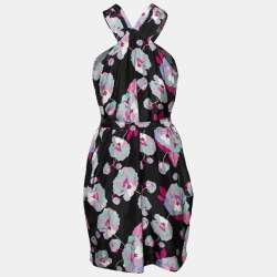 Pre Owned Isabel Marant Black Floral Printed Silk Belted Sleeveless Dress S