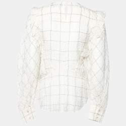 Pre Owned Isabel Marant Cream Cupro Ruffled Checked Seersucker Blouse M
