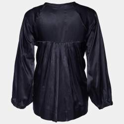 Pre Owned Isabel Marant Navy Blue Cotton & Silk Satin Pleated Blouse L
