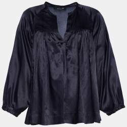 Pre Owned Isabel Marant Navy Blue Cotton & Silk Satin Pleated Blouse L
