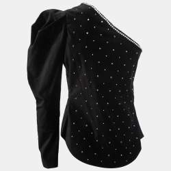 Pre Owned Isabel Marant Black Velvet Crystal Embellished One-Shoulder Top L