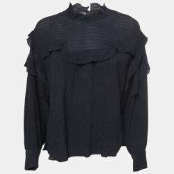 Isabel Marant Black Crinkled Cotton & Silk Ruffled Blouse M
