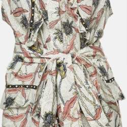 Isabel Marant Multicolor Print Studded Cotton Ruffle Belted Mini Dress L
