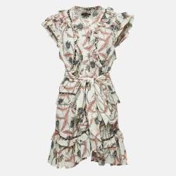 Isabel Marant Multicolor Print Studded Cotton Ruffle Belted Mini Dress L