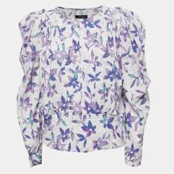 Isabel Marant Blue Floral Print Silk Blend Pleated Long Sleeve Blouse M