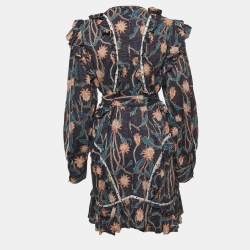 Isabel Marant Navy Blue Floral Print Studded Cotton Ruffle Belted Mini Dress M