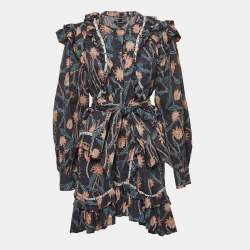 Isabel Marant Navy Blue Floral Print Studded Cotton Ruffle Belted Mini Dress M