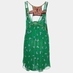 Pre Owned Isabel Marant Green Floral Printed Silk Chiffon Sleeveless Mini Dress S