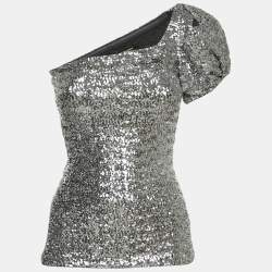 Pre Owned Isabel Marant Silver Sequined One Shoulder Blouse S