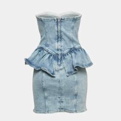 Pre Owned Isabel Marant Blue Washed Denim Peplum Strapless Mini Dress M