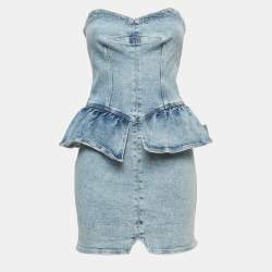 Pre Owned Isabel Marant Blue Washed Denim Peplum Strapless Mini Dress M