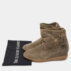 Isabel Marant Grey Cutout Suede Tassel Embellished "Beslay" Wedge Ankle Boots Size 38