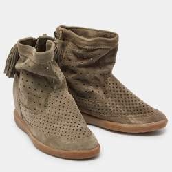 Isabel Marant Grey Cutout Suede Tassel Embellished "Beslay" Wedge Ankle Boots Size 38