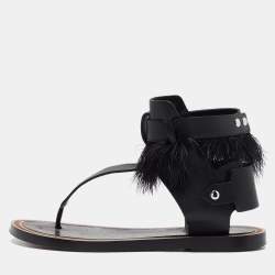 Isabel Marant Black Leather And Feather Trim T-Strap Sandals Size 38