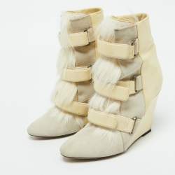 Pre Owned Isabel Marant Cream Leather, Suede and Calf Hair Scarlet Wedge Ankle Boots Size 40