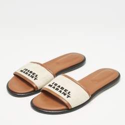 Isabel Marant Off White/Brown Canvas and Leather Vikee Flat Slide Sandals Size 39