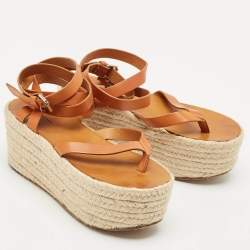Isabel Marant Tan Leather Ankle Wrap Platform Espadrille Sandals Size 37