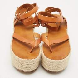 Isabel Marant Tan Leather Ankle Wrap Platform Espadrille Sandals Size 37
