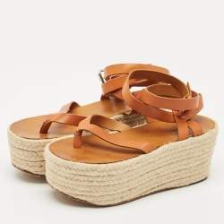 Isabel Marant Tan Leather Ankle Wrap Platform Espadrille Sandals Size 37