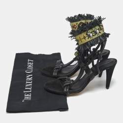 Pre Owned Isabel Marant Black Leather and Suede Fringe Detail Ankle Strap Sandals Size 36
