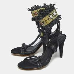Pre Owned Isabel Marant Black Leather and Suede Fringe Detail Ankle Strap Sandals Size 36