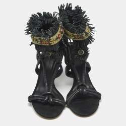 Pre Owned Isabel Marant Black Leather and Suede Fringe Detail Ankle Strap Sandals Size 36