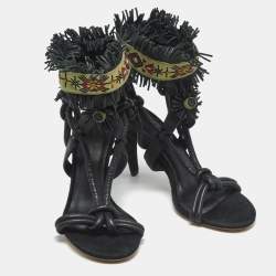 Pre Owned Isabel Marant Black Leather and Suede Fringe Detail Ankle Strap Sandals Size 36
