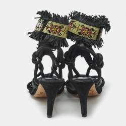 Pre Owned Isabel Marant Black Leather and Suede Fringe Detail Ankle Strap Sandals Size 36