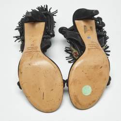 Pre Owned Isabel Marant Black Leather and Suede Fringe Detail Ankle Strap Sandals Size 36