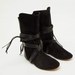 Pre Owned Isabel Marant Black Leather and Suede Mid Calf Length Boots Size 38