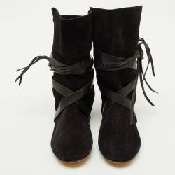 Pre Owned Isabel Marant Black Leather and Suede Mid Calf Length Boots Size 38