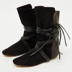 Pre Owned Isabel Marant Black Leather and Suede Mid Calf Length Boots Size 38