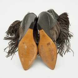 Pre Owned Isabel Marant Dark Grey Suede and Leather Mony Fringe Ankle Wedge Boots Size 39