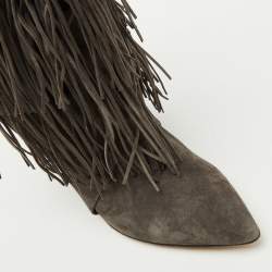 Pre Owned Isabel Marant Dark Grey Suede and Leather Mony Fringe Ankle Wedge Boots Size 39