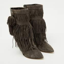 Pre Owned Isabel Marant Dark Grey Suede and Leather Mony Fringe Ankle Wedge Boots Size 39